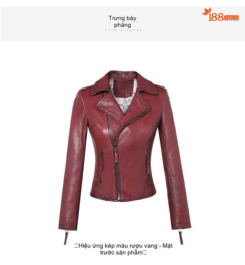 Áo Khoác Da Thật Nữ Haining Dáng Ngắn Ôm Dáng Vân Da Cá Sấu Phong Cách Moto Màu Đỏ Rượu chi tiết 14