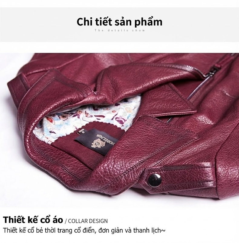 Áo Khoác Da Thật Nữ Haining Dáng Ngắn Ôm Dáng Vân Da Cá Sấu Phong Cách Moto Màu Đỏ Rượu chi tiết 16