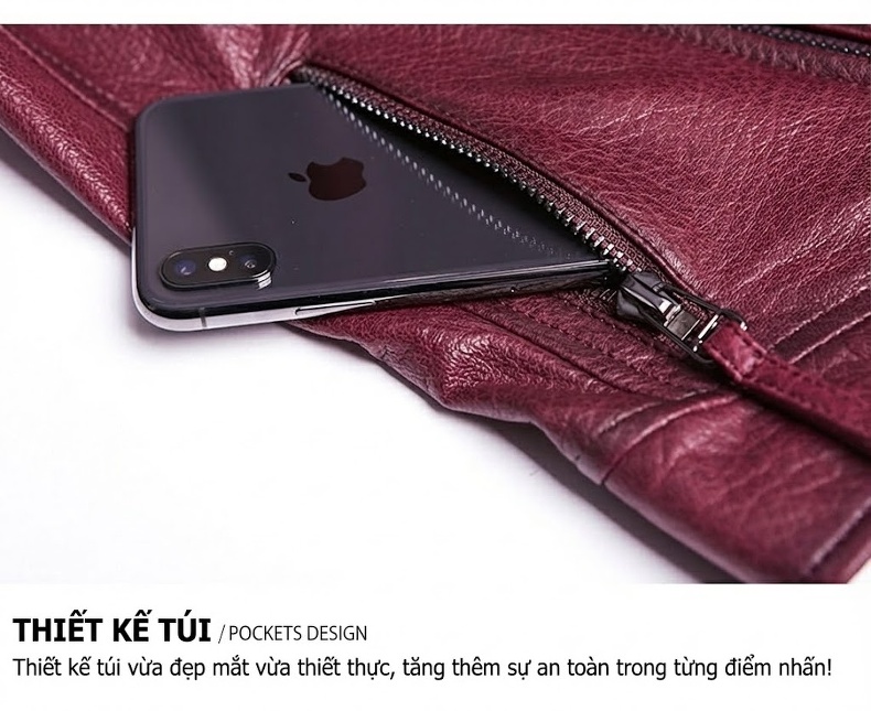 Áo Khoác Da Thật Nữ Haining Dáng Ngắn Ôm Dáng Vân Da Cá Sấu Phong Cách Moto Màu Đỏ Rượu chi tiết 17