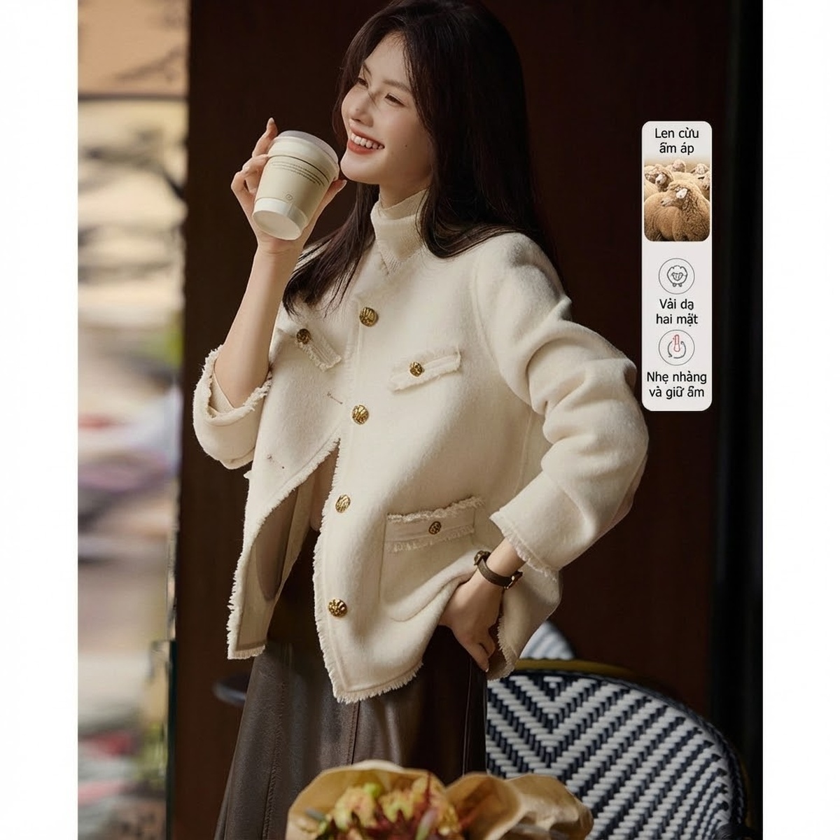 Áo Khoác Dạ Tweed Nữ Cổ Tròn Dáng Ngắn Màu Xám, Trắng