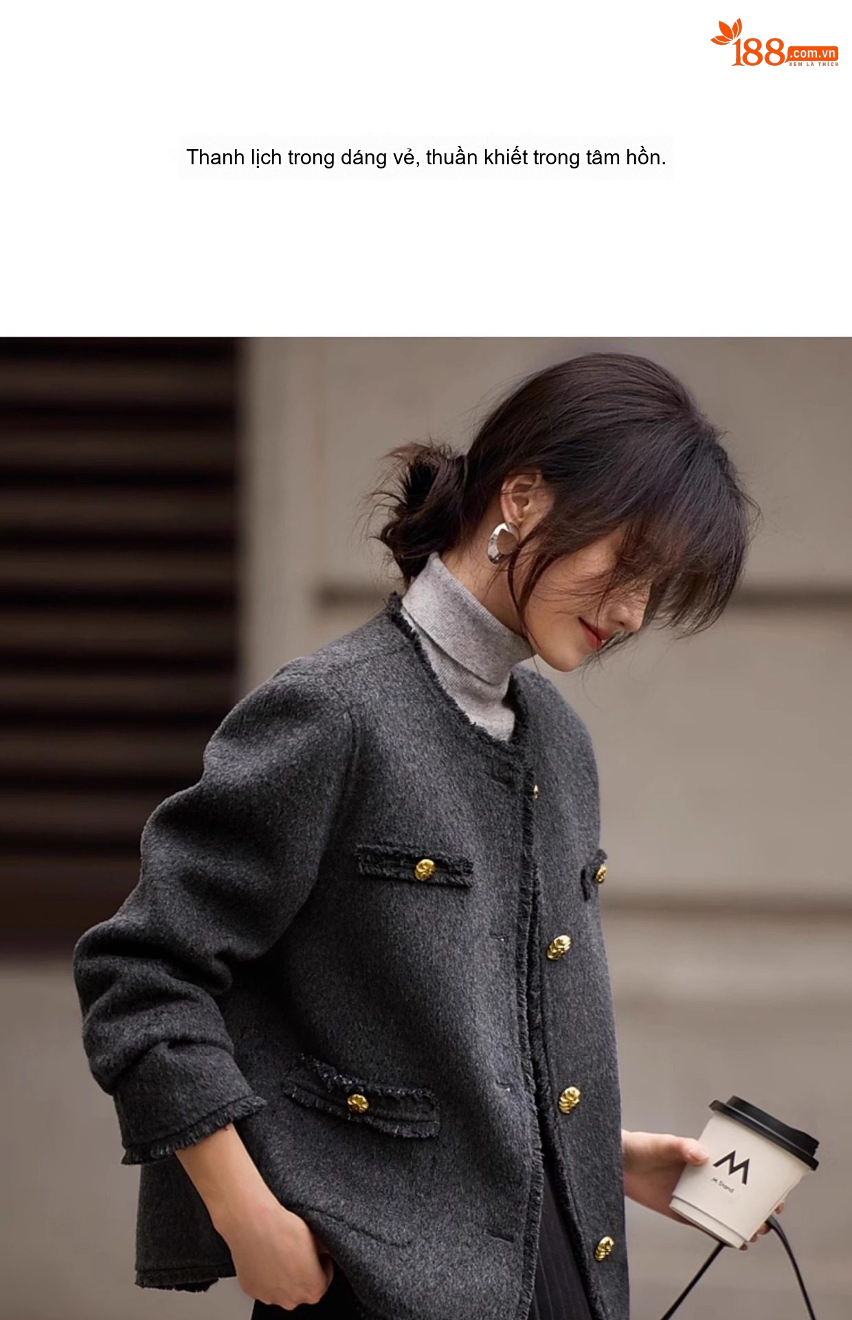 Áo Khoác Dạ Tweed Nữ Cổ Tròn Dáng Ngắn Màu Xám, Trắng chi tiết 2