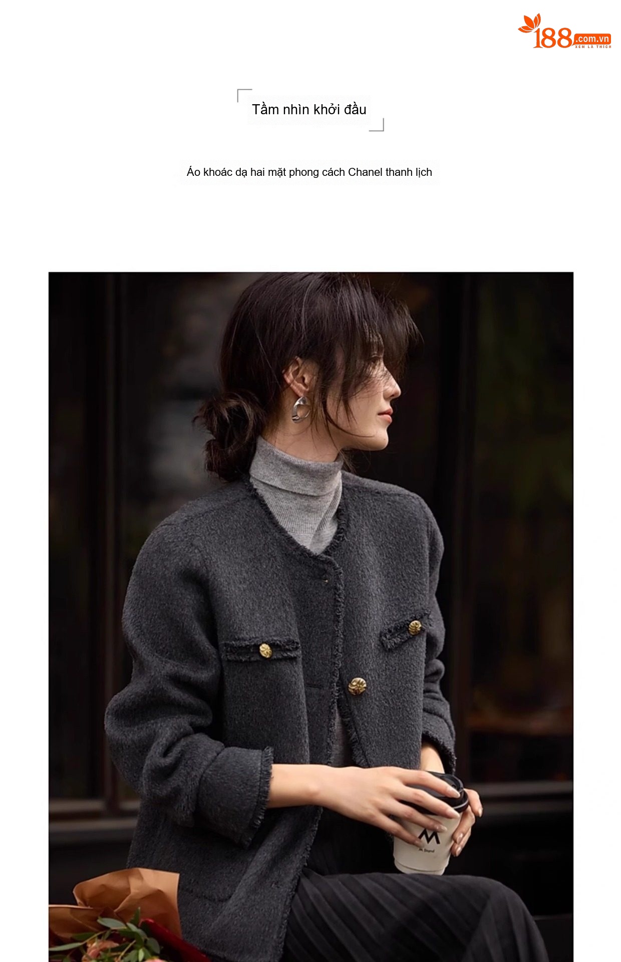Áo Khoác Dạ Tweed Nữ Cổ Tròn Dáng Ngắn Màu Xám, Trắng chi tiết 4