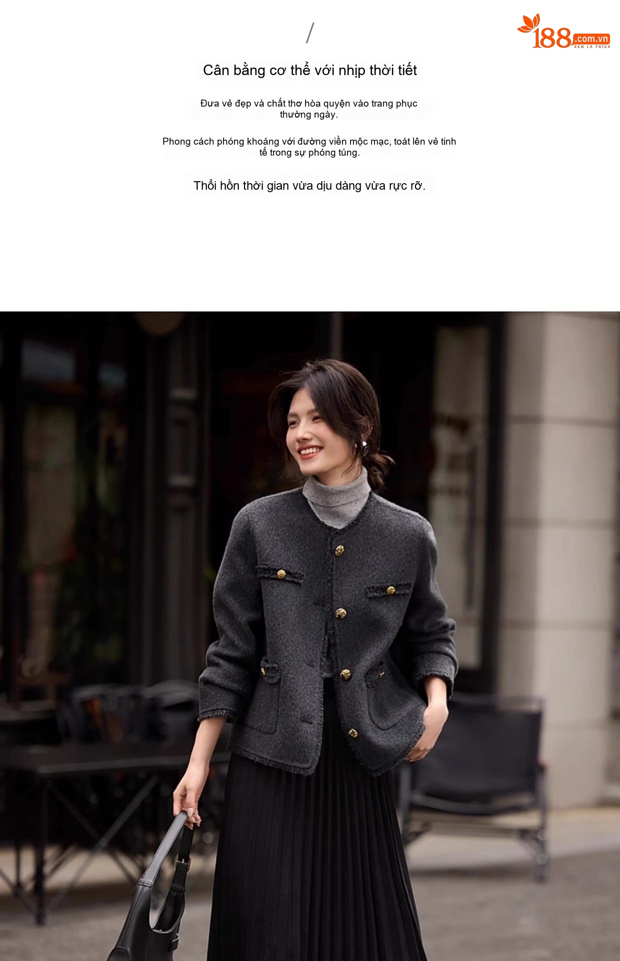 Áo Khoác Dạ Tweed Nữ Cổ Tròn Dáng Ngắn Màu Xám, Trắng chi tiết 6