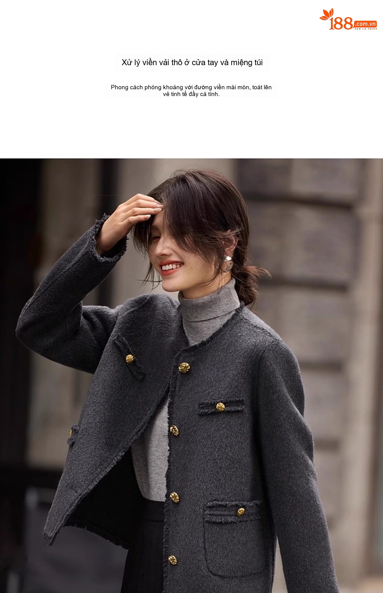 Áo Khoác Dạ Tweed Nữ Cổ Tròn Dáng Ngắn Màu Xám, Trắng chi tiết 10