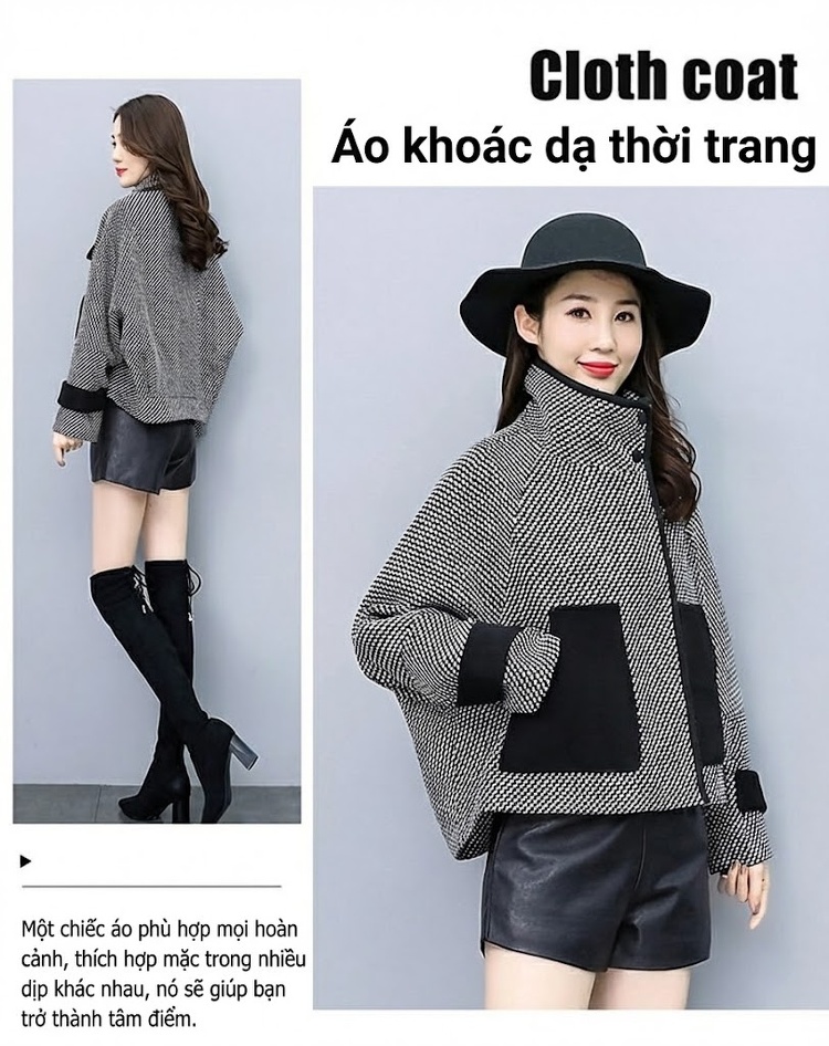 Áo Khoác Dạ Tweed Nữ Ngắn Tay Lỡ Phong Cách Tiểu Thư Màu Xám Đen chi tiết 3