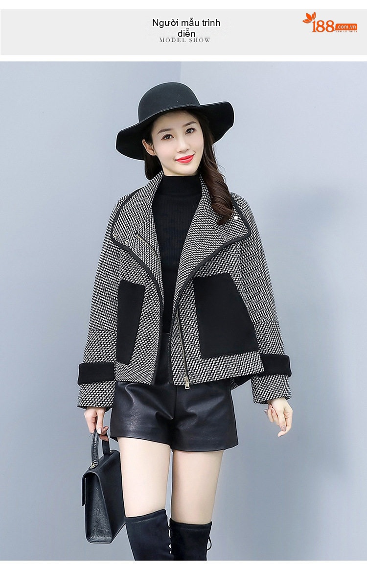 Áo Khoác Dạ Tweed Nữ Ngắn Tay Lỡ Phong Cách Tiểu Thư Màu Xám Đen chi tiết 9