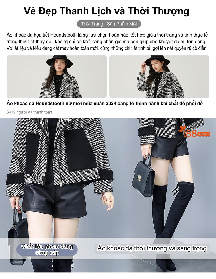 Áo Khoác Dạ Tweed Nữ Ngắn Tay Lỡ Phong Cách Tiểu Thư Màu Xám Đen chi tiết 2