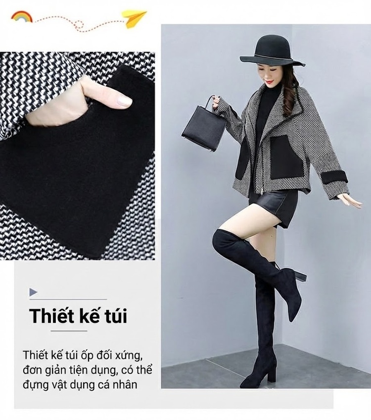 Áo Khoác Dạ Tweed Nữ Ngắn Tay Lỡ Phong Cách Tiểu Thư Màu Xám Đen chi tiết 6