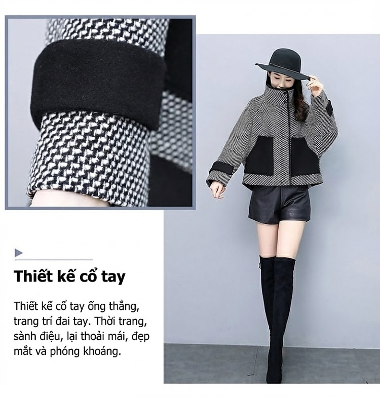 Áo Khoác Dạ Tweed Nữ Ngắn Tay Lỡ Phong Cách Tiểu Thư Màu Xám Đen chi tiết 5
