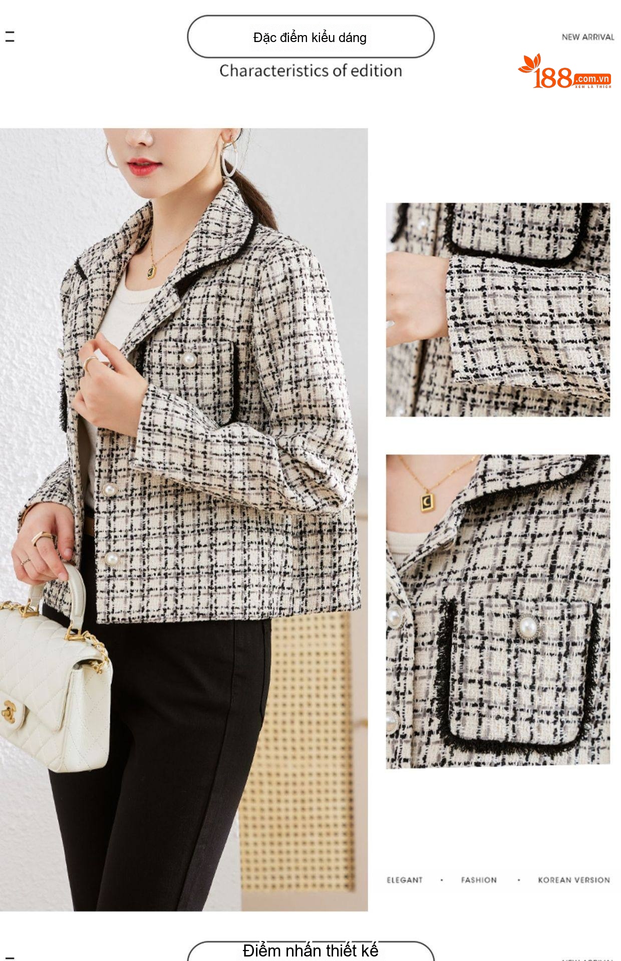 Áo Khoác Dạ Tweed Nữ Thiết Kế Ngắn Tay Dài Phong Cách Tiểu Thư Màu Trắng, Đen chi tiết 4
