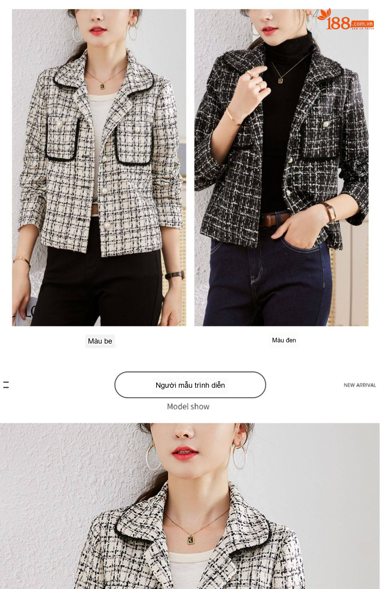 Áo Khoác Dạ Tweed Nữ Thiết Kế Ngắn Tay Dài Phong Cách Tiểu Thư Màu Trắng, Đen chi tiết 10