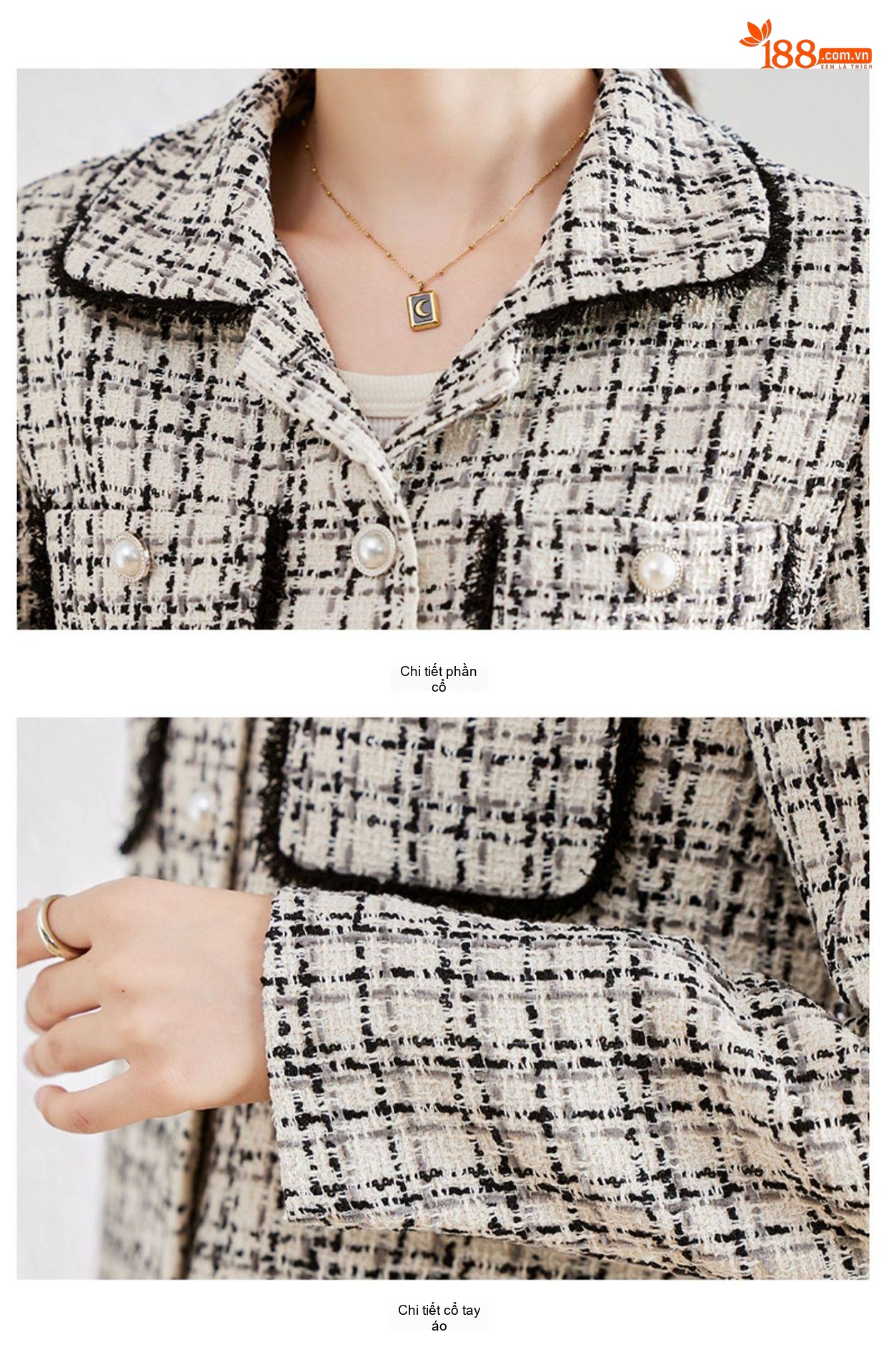 Áo Khoác Dạ Tweed Nữ Thiết Kế Ngắn Tay Dài Phong Cách Tiểu Thư Màu Trắng, Đen chi tiết 26