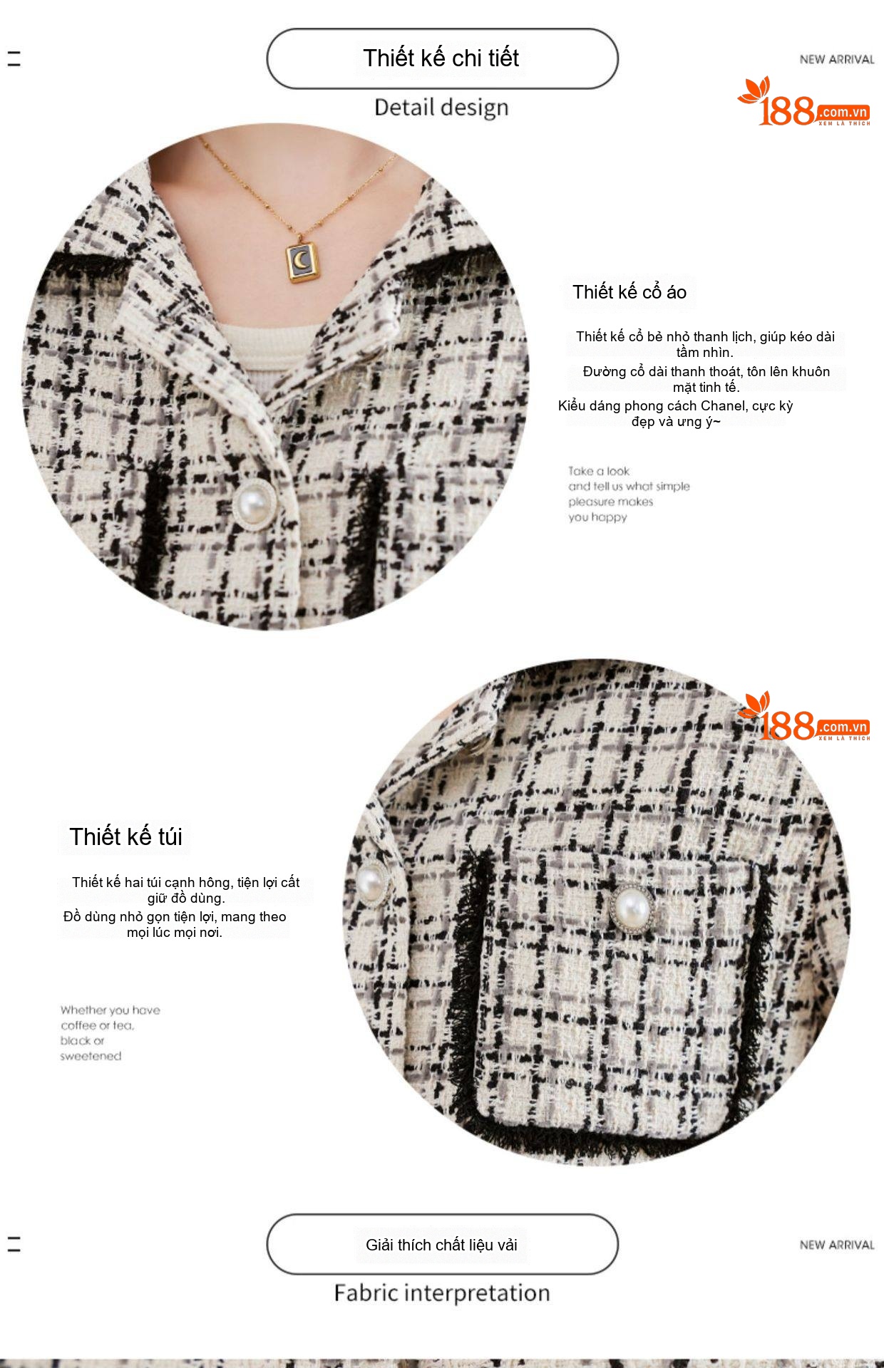 Áo Khoác Dạ Tweed Nữ Thiết Kế Ngắn Tay Dài Phong Cách Tiểu Thư Màu Trắng, Đen chi tiết 6
