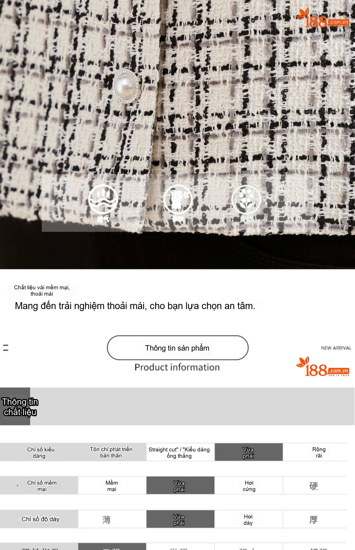 Áo Khoác Dạ Tweed Nữ Thiết Kế Ngắn Tay Dài Phong Cách Tiểu Thư Màu Trắng, Đen chi tiết 7
