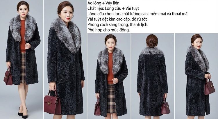 Áo Khoác Dáng Dài Nữ Lông Thủy Điển Giả Da Chồn Haining Dáng Rộng Giữ Ấm Màu Đen chi tiết 5