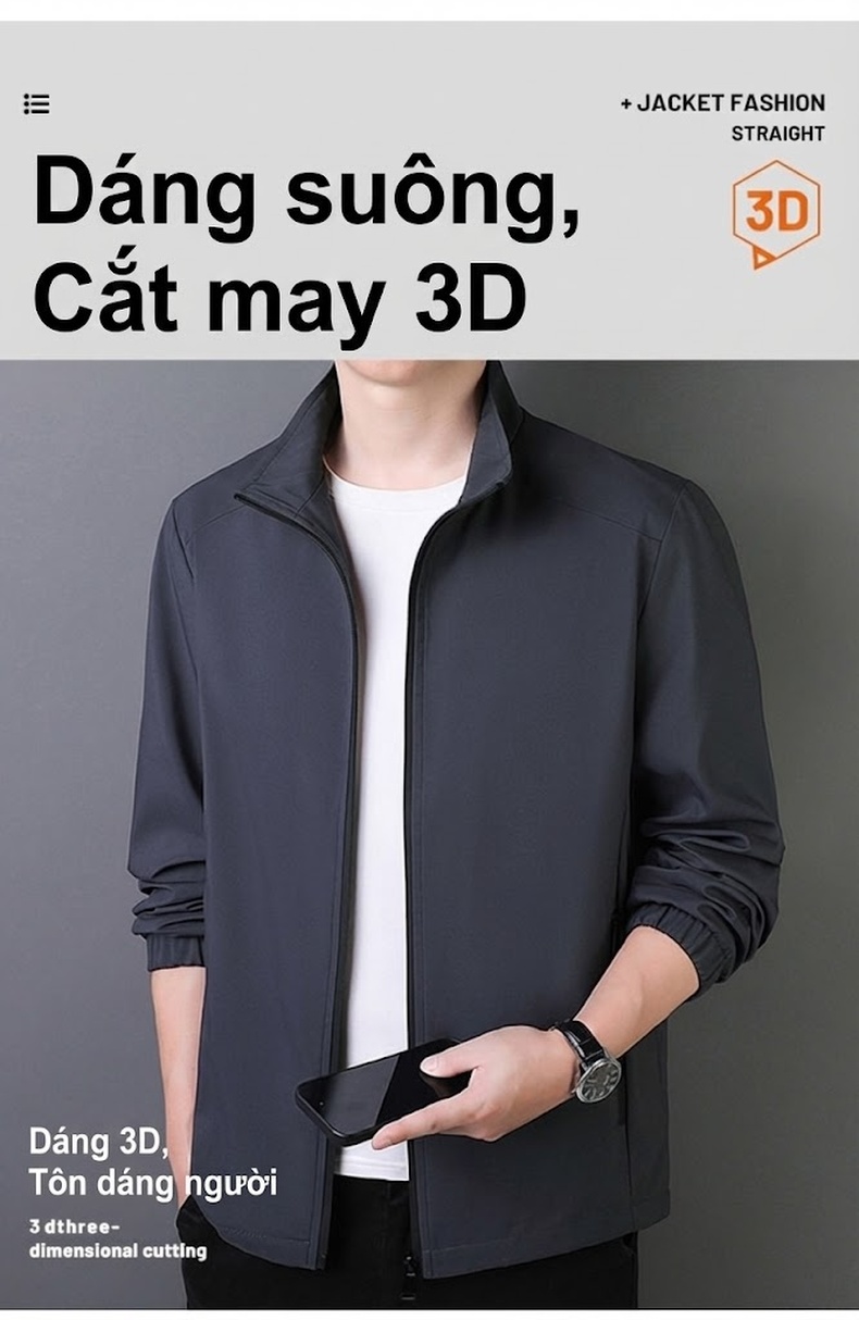 Áo Khoác Dáng Ôm Nam Tay Dài Cổ Trụ Màu Đen, Xám, Xanh Rêu chi tiết 3