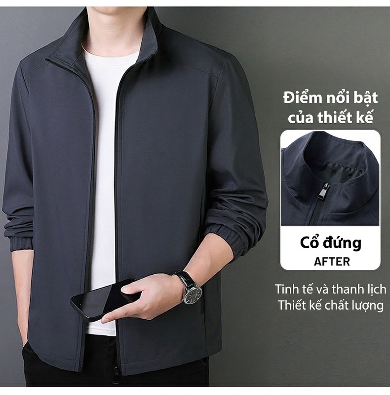 Áo Khoác Dáng Ôm Nam Tay Dài Cổ Trụ Màu Đen, Xám, Xanh Rêu chi tiết 5