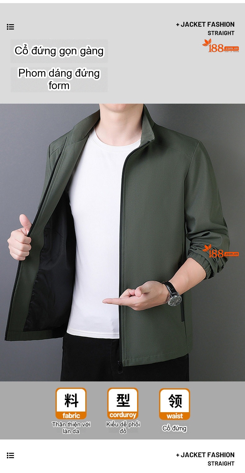 Áo Khoác Dáng Ôm Nam Tay Dài Cổ Trụ Màu Đen, Xám, Xanh Rêu chi tiết 4