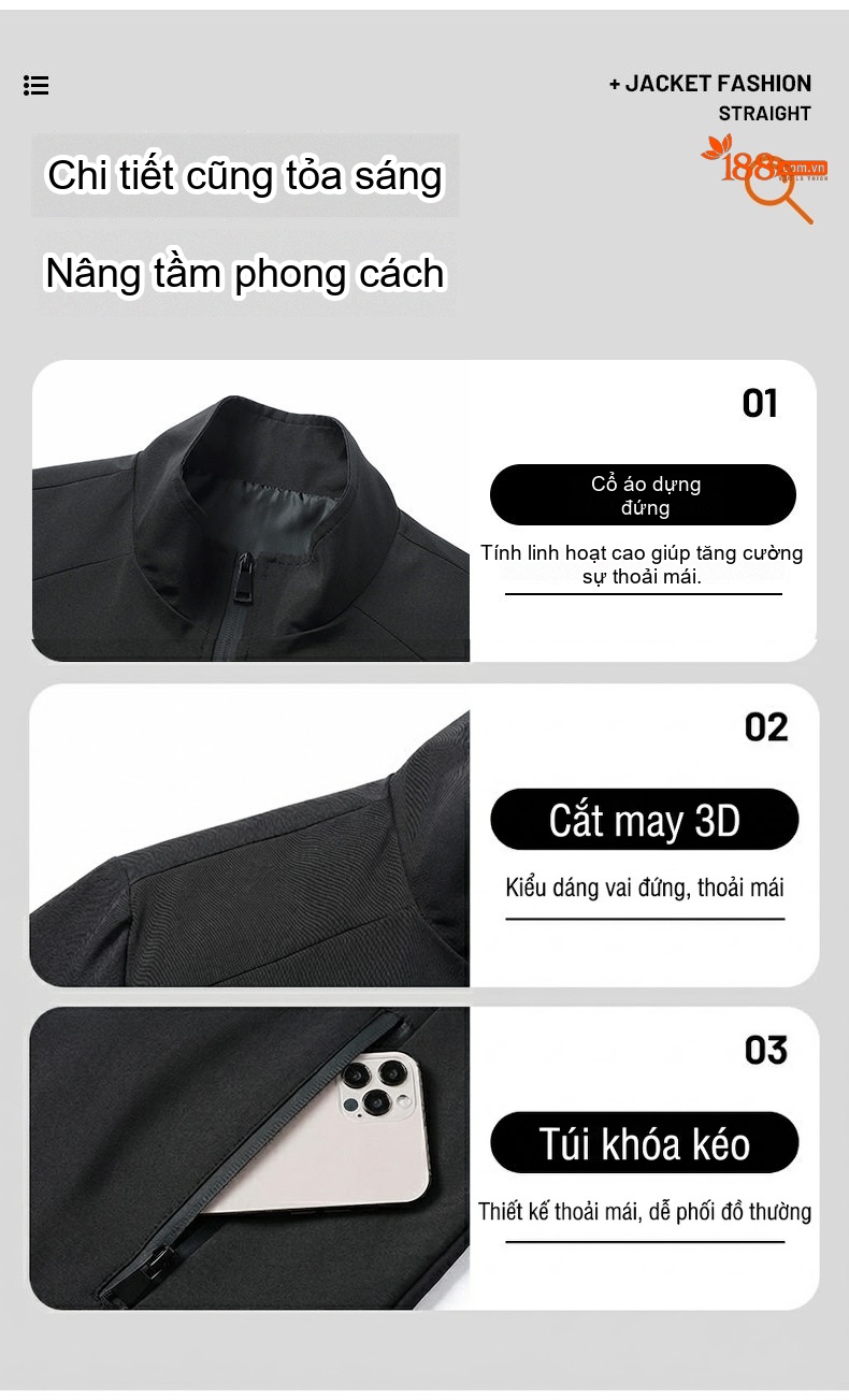 Áo Khoác Dáng Ôm Nam Tay Dài Cổ Trụ Màu Đen, Xám, Xanh Rêu chi tiết 6