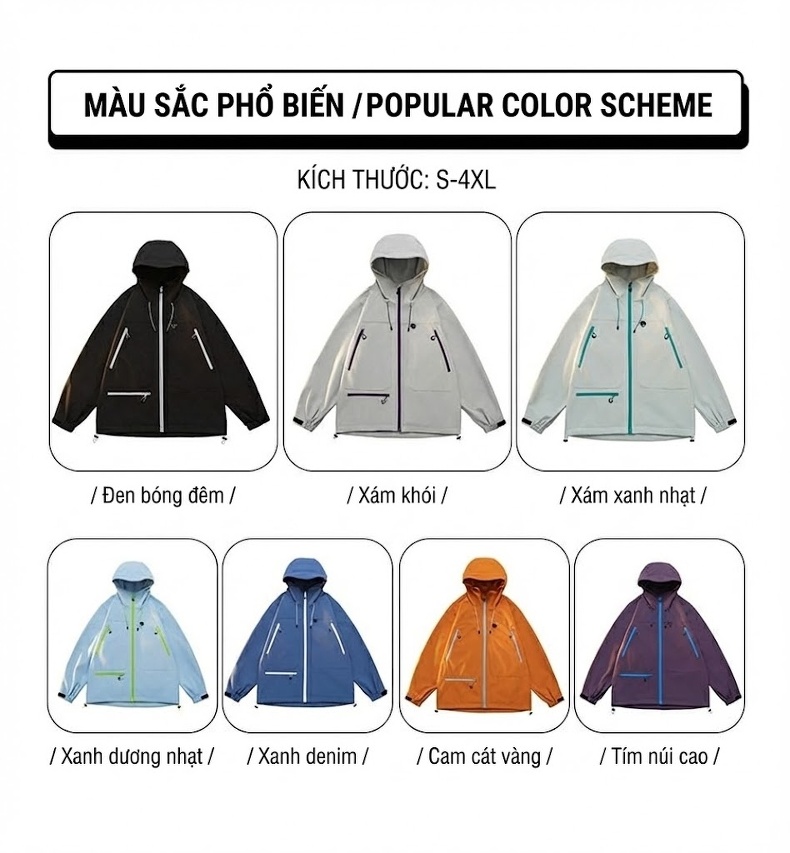 Áo Khoác Dù Có Mũ Trùm Đầu Unisex Màu Tím, Cam, Xanh Dương, Xám... chi tiết 7