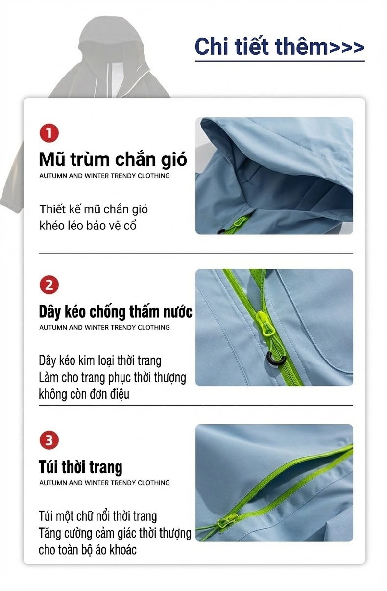 Áo Khoác Dù Có Mũ Trùm Đầu Unisex Màu Tím, Cam, Xanh Dương, Xám... chi tiết 9