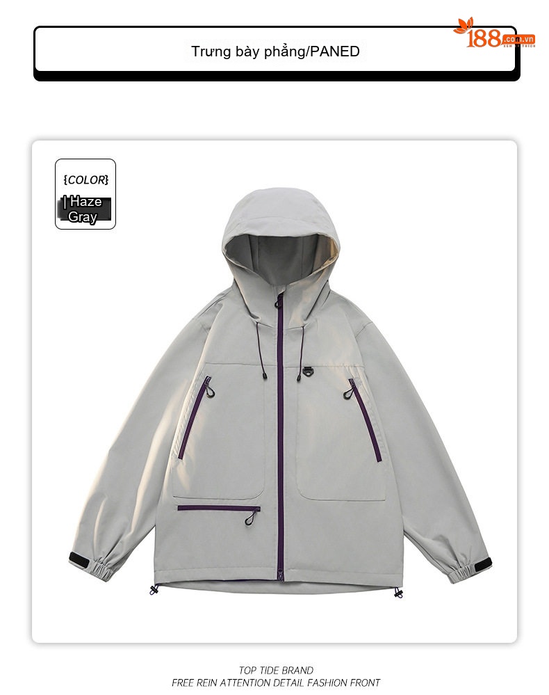 Áo Khoác Dù Có Mũ Trùm Đầu Unisex Màu Tím, Cam, Xanh Dương, Xám... chi tiết 10