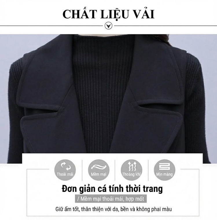 Áo Khoác Gile Dáng Dài Nữ Thu Đông Phong Cách Hàn Quốc Màu Đen chi tiết 5