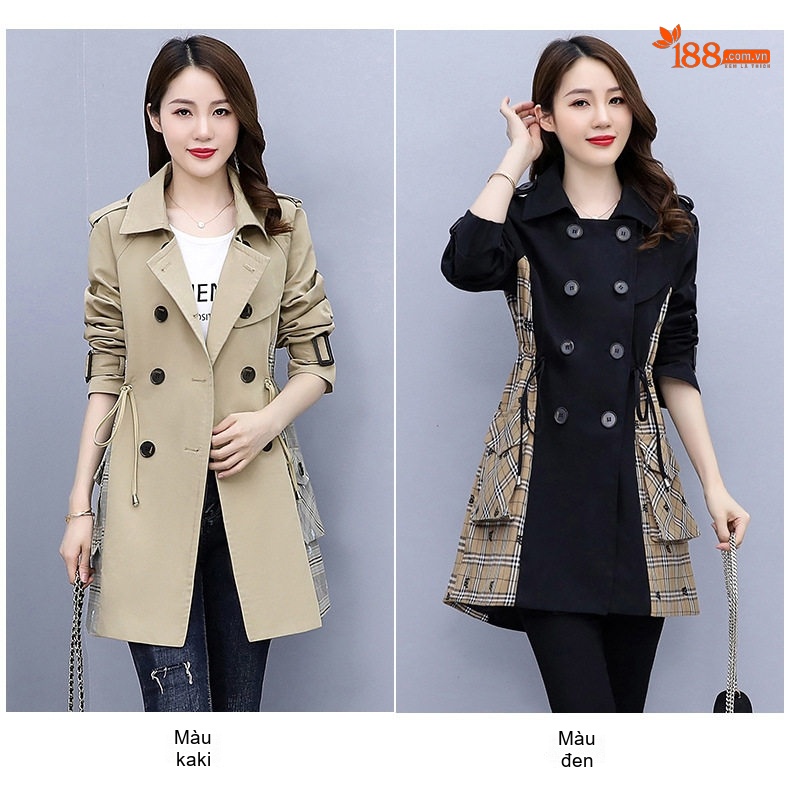 Áo Khoác Gió Dáng Dài Nữ Khaki Phối Sọc Caro Phong Cách Hàn Quốc chi tiết 2