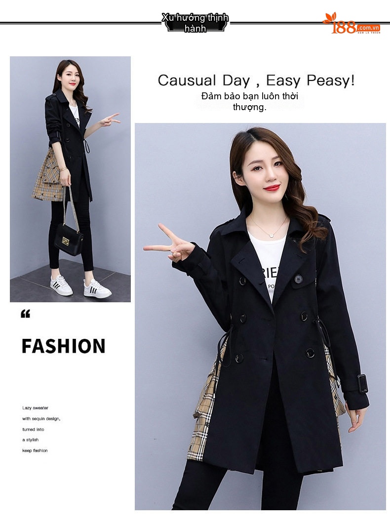 Áo Khoác Gió Dáng Dài Nữ Khaki Phối Sọc Caro Phong Cách Hàn Quốc chi tiết 3