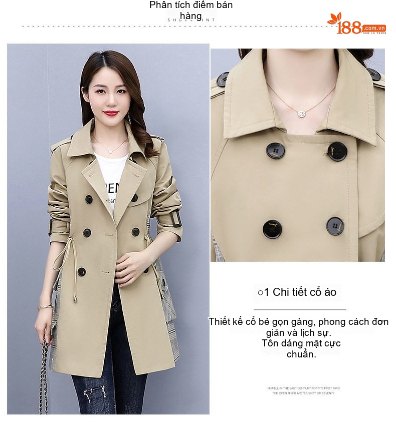 Áo Khoác Gió Dáng Dài Nữ Khaki Phối Sọc Caro Phong Cách Hàn Quốc chi tiết 4