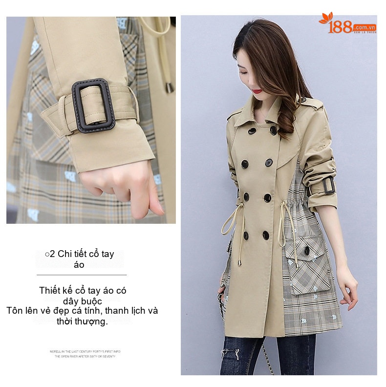 Áo Khoác Gió Dáng Dài Nữ Khaki Phối Sọc Caro Phong Cách Hàn Quốc chi tiết 5