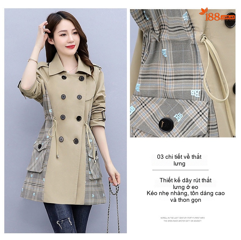 Áo Khoác Gió Dáng Dài Nữ Khaki Phối Sọc Caro Phong Cách Hàn Quốc chi tiết 6