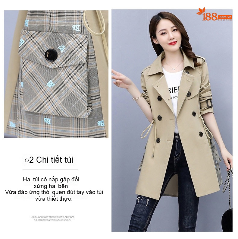 Áo Khoác Gió Dáng Dài Nữ Khaki Phối Sọc Caro Phong Cách Hàn Quốc chi tiết 7