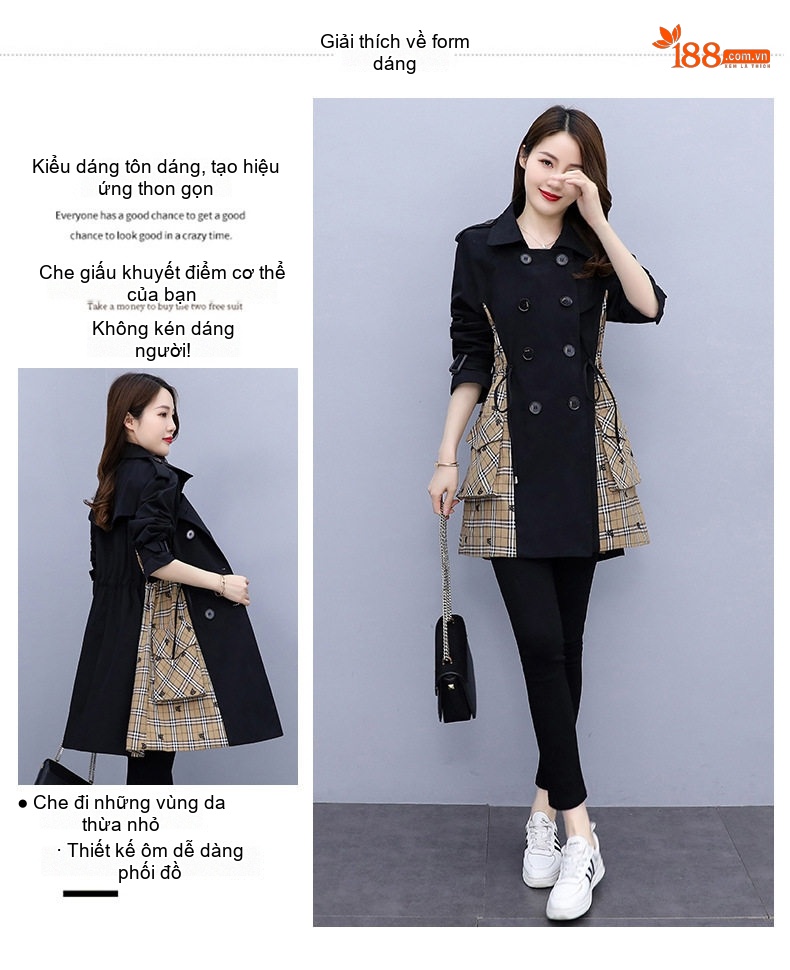 Áo Khoác Gió Dáng Dài Nữ Khaki Phối Sọc Caro Phong Cách Hàn Quốc chi tiết 8