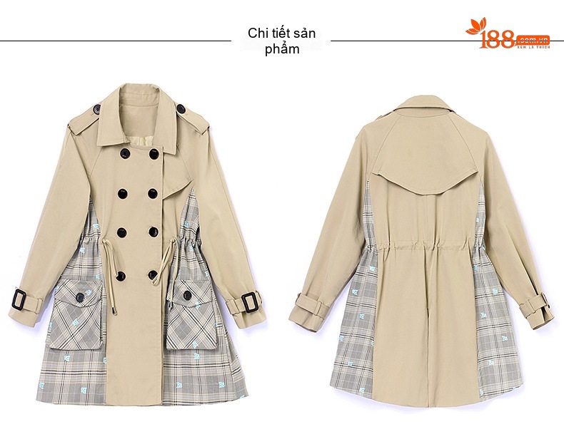 Áo Khoác Gió Dáng Dài Nữ Khaki Phối Sọc Caro Phong Cách Hàn Quốc chi tiết 9