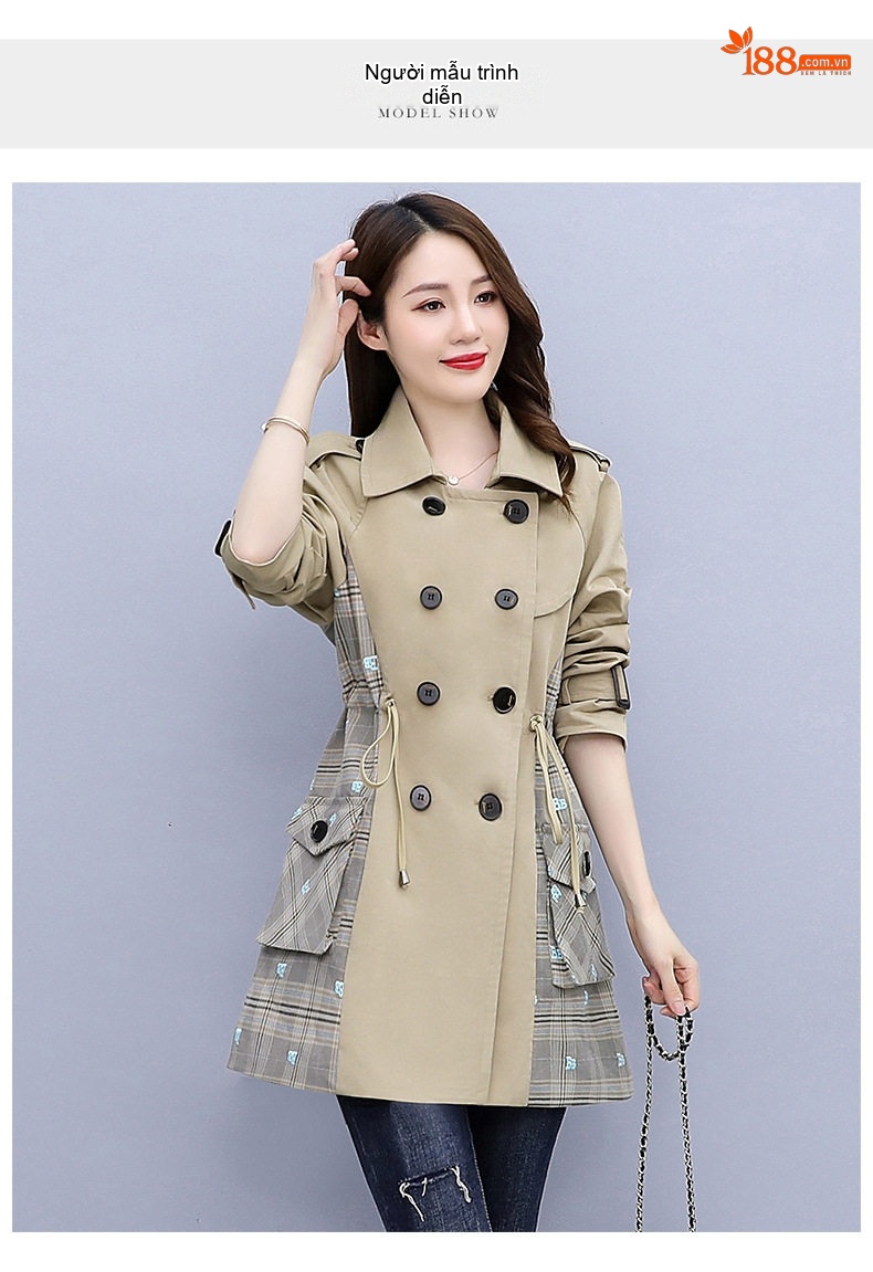 Áo Khoác Gió Dáng Dài Nữ Khaki Phối Sọc Caro Phong Cách Hàn Quốc chi tiết 14