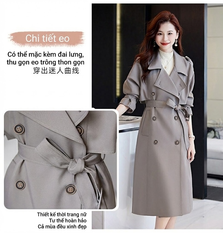 Áo Khoác Gió Dáng Dài Thiết Kế Phong Cách Anh Quốc Hàn Quốc Màu Be, Đen, Xám chi tiết 5