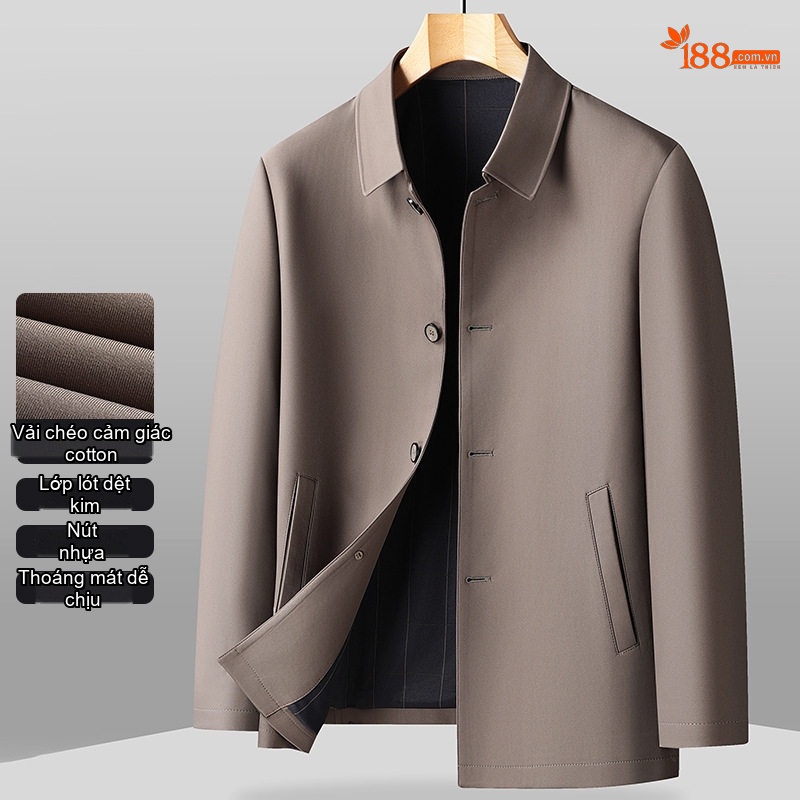 Áo Khoác Gió Nam Cổ Bẻ Cotton Phong Cách Công Sở Màu Đen, Xám, Nâu