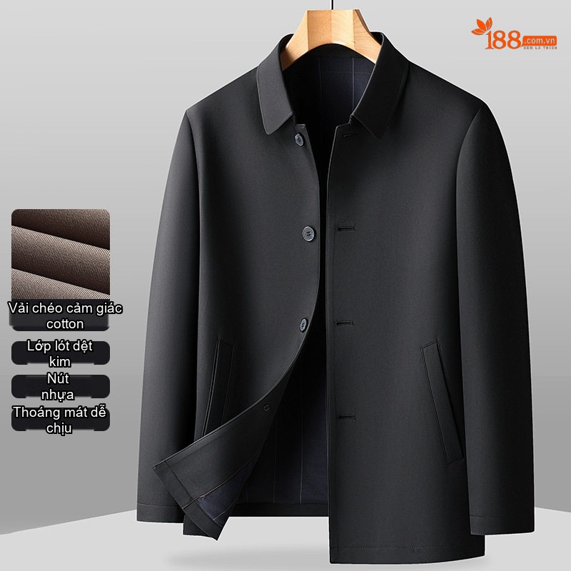 Áo Khoác Gió Nam Cổ Bẻ Cotton Phong Cách Công Sở Màu Đen, Xám, Nâu