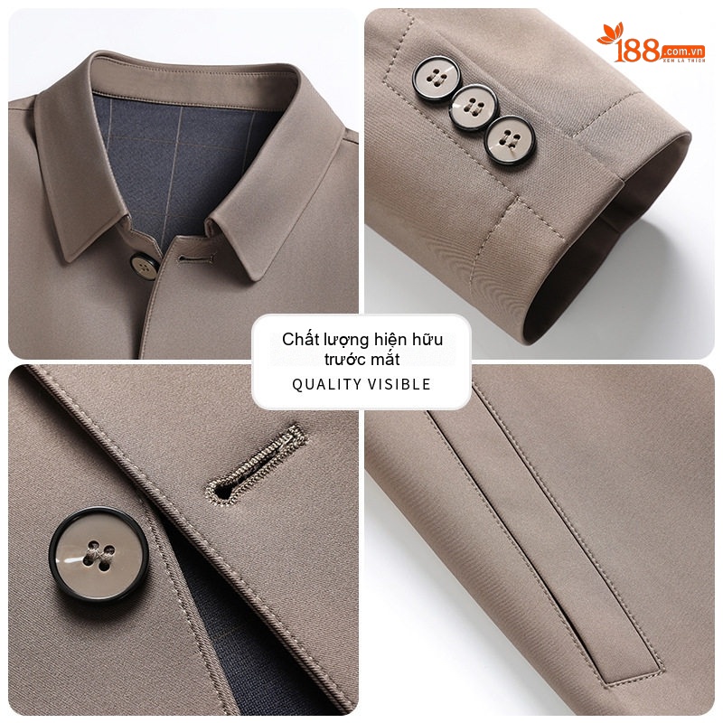 Áo Khoác Gió Nam Cổ Bẻ Cotton Phong Cách Công Sở Màu Đen, Xám, Nâu