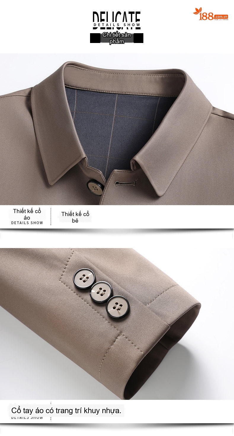 Áo Khoác Gió Nam Cổ Bẻ Cotton Phong Cách Công Sở Màu Đen, Xám, Nâu chi tiết 18