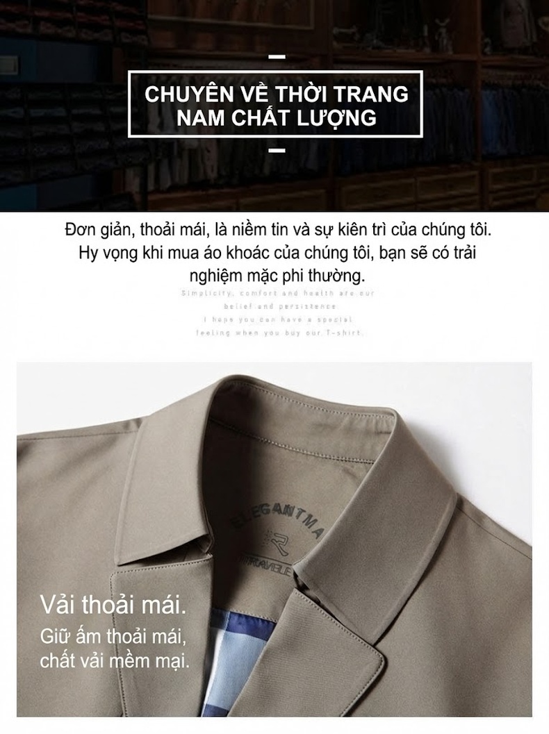 Áo Khoác Gió Nam Cổ Bẻ Ve Lật Màu Be, Đen Phong Cách Doanh Nhân chi tiết 4
