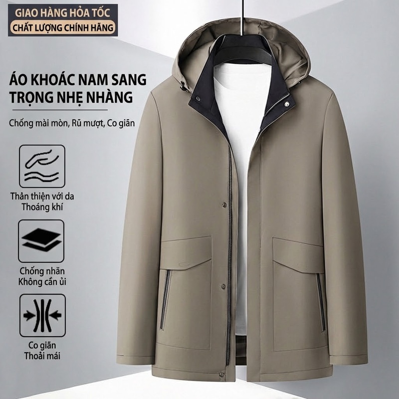 Áo Khoác Gió Nam Có Mũ Tháo Rời Phong Cách Doanh Nhân Màu Xanh Navy, Be, Đen
