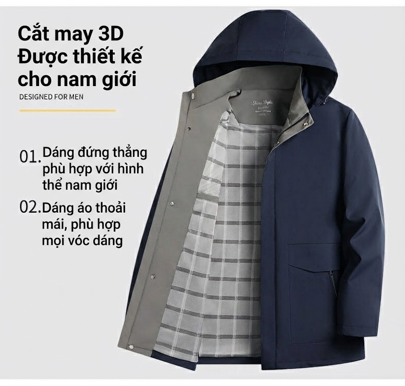 Áo Khoác Gió Nam Có Mũ Tháo Rời Phong Cách Doanh Nhân Màu Xanh Navy, Be, Đen chi tiết 3