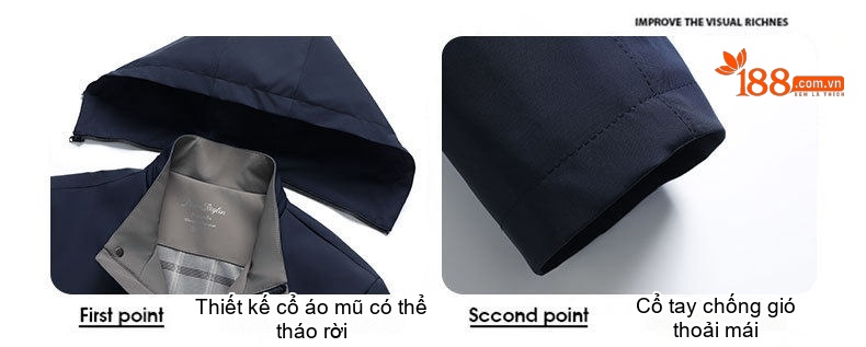 Áo Khoác Gió Nam Có Mũ Tháo Rời Phong Cách Doanh Nhân Màu Xanh Navy, Be, Đen chi tiết 9