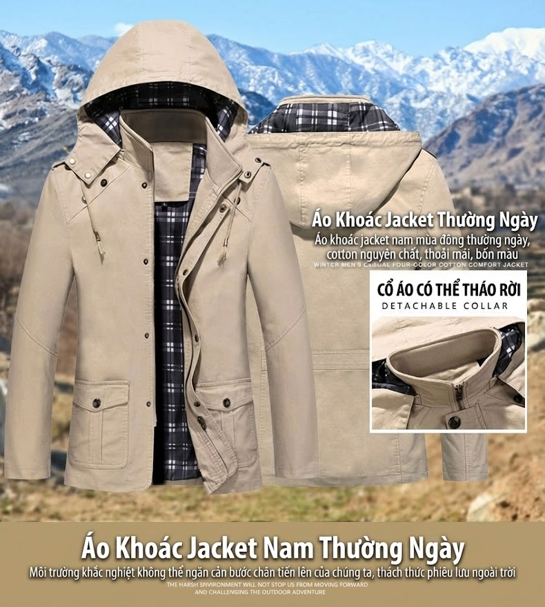 Áo Khoác Gió Nam Cotton Dáng Dài Vừa Có Mũ Trùm Đầu Màu Nâu, Xanh Lá, Đen, Kem chi tiết 1