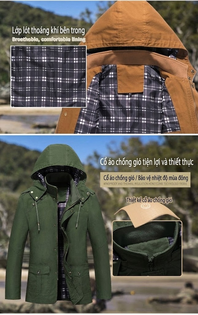 Áo Khoác Gió Nam Cotton Dáng Dài Vừa Có Mũ Trùm Đầu Màu Nâu, Xanh Lá, Đen, Kem chi tiết 4