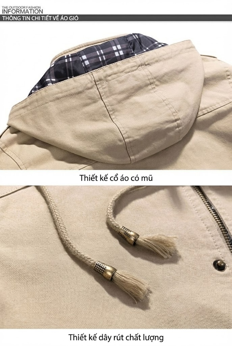 Áo Khoác Gió Nam Cotton Dáng Dài Vừa Có Mũ Trùm Đầu Màu Nâu, Xanh Lá, Đen, Kem chi tiết 16