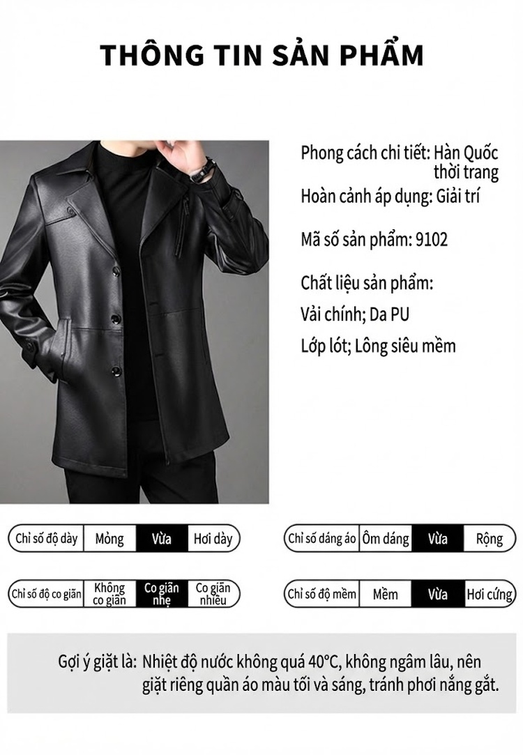 Áo Khoác Gió Nam Da PU Lót Lông Cừu Giả Cổ Áo Vest Ấm Áp Phong Cách Doanh Nhân Trẻ Màu Đen chi tiết 3