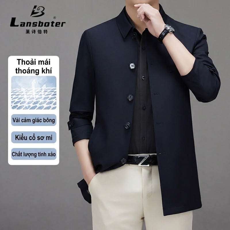 Áo Khoác Gió Nam Dáng Dài Vừa Cổ Bẻ Kiểu Áo Vest Không Nhăn Màu Xanh Navy, Xám